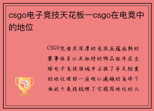 csgo电子竞技天花板—csgo在电竞中的地位
