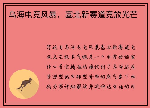 乌海电竞风暴，塞北新赛道竞放光芒