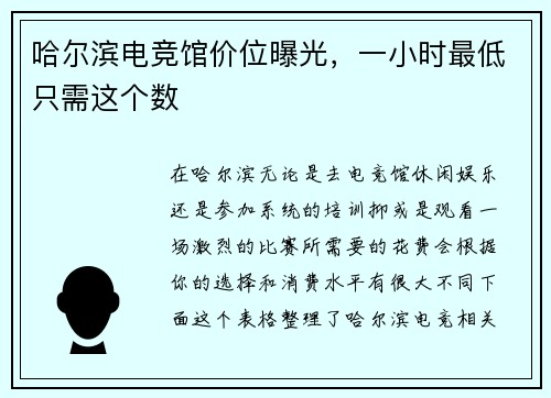 哈尔滨电竞馆价位曝光，一小时最低只需这个数